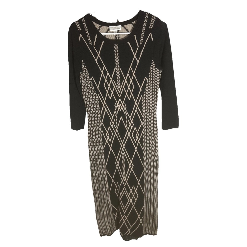 Allison Brittney VTG Knit Sweater Dress 3/4 Sleeves Black/Beige Women's Small